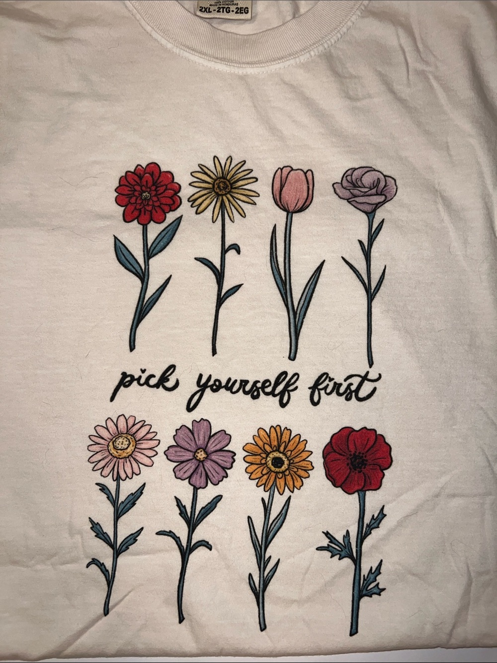 Women's White Floral 'Pick Yourself First' Comfort Colors Graphic Tee